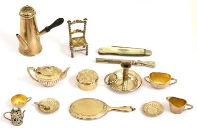 Lot 345 - * A quantity of miniature silver pieces including chamberstick, tea set, hand mirror, bobbin turned