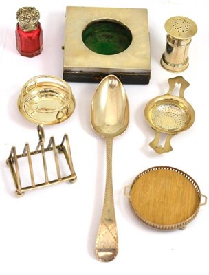 Lot 349 - * George III bright cut tablespoon, pepperette in the form of a post box, cranberry glass scent...