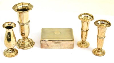 Lot 350 - * Silver cigarette box engraved 1927, pair of silver dwarf vases and two silver vases