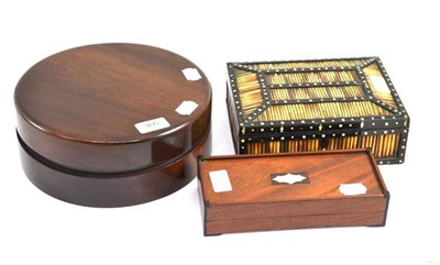 Lot 365 - # A 19th century mahogany circular sewing box, a 19th century Indian quill box and a mahogany...