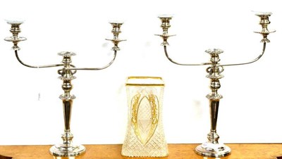 Lot 381 - # A pair of silver plated twin branch candelabra and a hobnail cut glass and gilt decorated vase