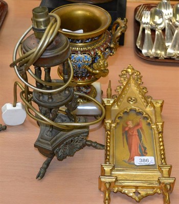 Lot 386 - Bronze and champleve twin handled vase, gilt metal lamp and a religious icon