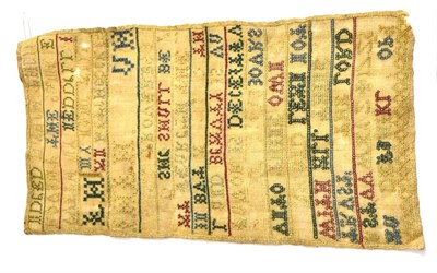 Lot 408 - 18th century band sampler dated 1725 worked in coloured silks in green, red, blue and cream...