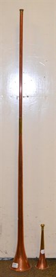 Lot 416 - Long copper and brass coaching horn and a small hunting horn