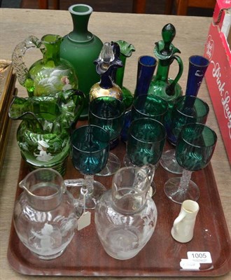 Lot 1005 - A tray of assorted glass including Mary Gregory glass vases, green tinted wine glasses, etc