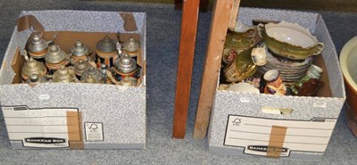 Lot 1026 - Two boxes containing barometer, Victorian ceramics, toby jugs, beer steins, etc