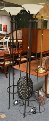 Lot 1053 - # Two uplighters, two standard lamps, assorted shades and a coat rack