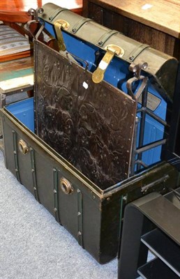 Lot 1056 - # Tin trunk with painted label ";Wanted Best Steel Japanned Travelling Trunks";, a firescreen...