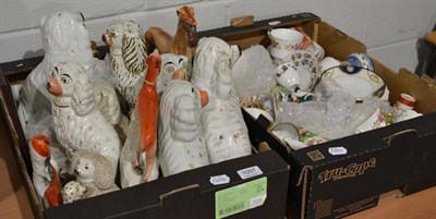 Lot 1097 - Two boxes of ornamental china, Staffordshire spaniel dogs, etc