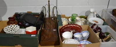 Lot 1102 - Brass and mahogany magazine stand, oval toleware tray, two papier mache scoops, green glaze plates