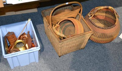 Lot 1105 - Two Ghanaian woven baskets, a wicker basket, a pair of African ebony busts, a quantity of...