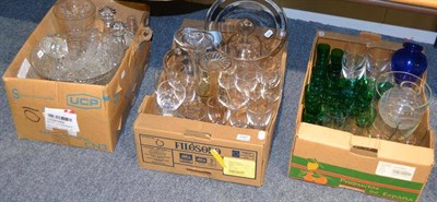 Lot 1107 - # A quantity of glass including green glass, decanters, vases, wine glasses, etc (three boxes)