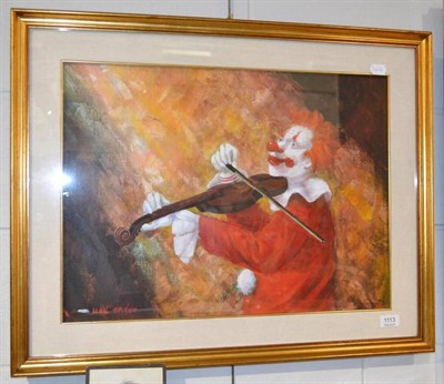 Lot 1113 - Hal Crecy (20th century contemporary), oil on canvas, clown playing the violin