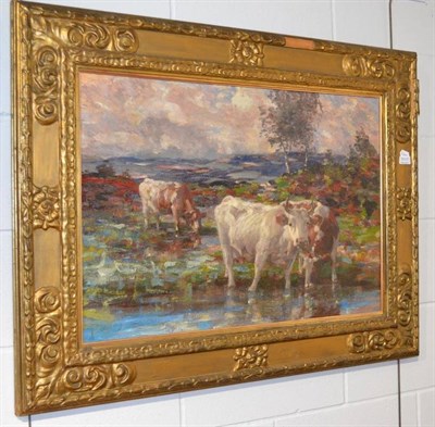 Lot 1117 - Andrew Douglas (1871-1935) Cattle grazing in a river landscape, with inscribed label verso, oil...