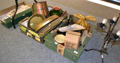 Lot 1137 - # Two boxes including decorative ornaments, hardwood bust, light shades, candlestick, jigsaws etc