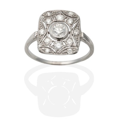 Lot 342 - An Art Deco Style Diamond Plaque Ring, a round brilliant cut diamond within a diamond set...