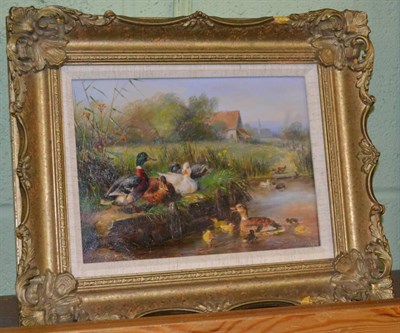 Lot 1166 - Bostock (20th century), Ducks on the village duck pond, oil on board, together with a Dutch...