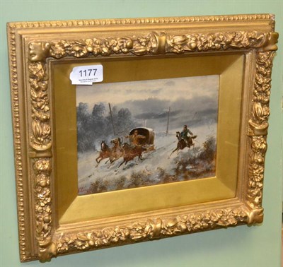 Lot 1177 - Russian Cossack oil on panel, figures in a sledge