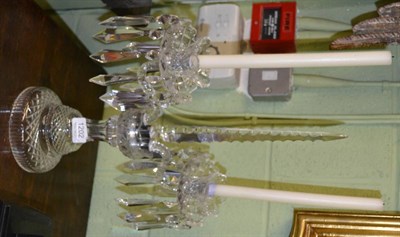 Lot 1202 - # A pair of cut glass candelabra with Waterford crystal drops