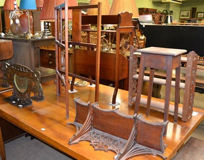 Lot 1227 - * A folding towel rail, pokerwork mirror, fret carved shelves, plant stand, hanging shelves and...