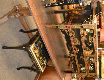 Lot 1236 - Black lacquered and hand painted sideboard and matching table