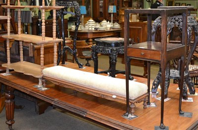 Lot 1252 - Mahogany two tier washstand, Victorian footstool and a Victorian pine three tier whatnot