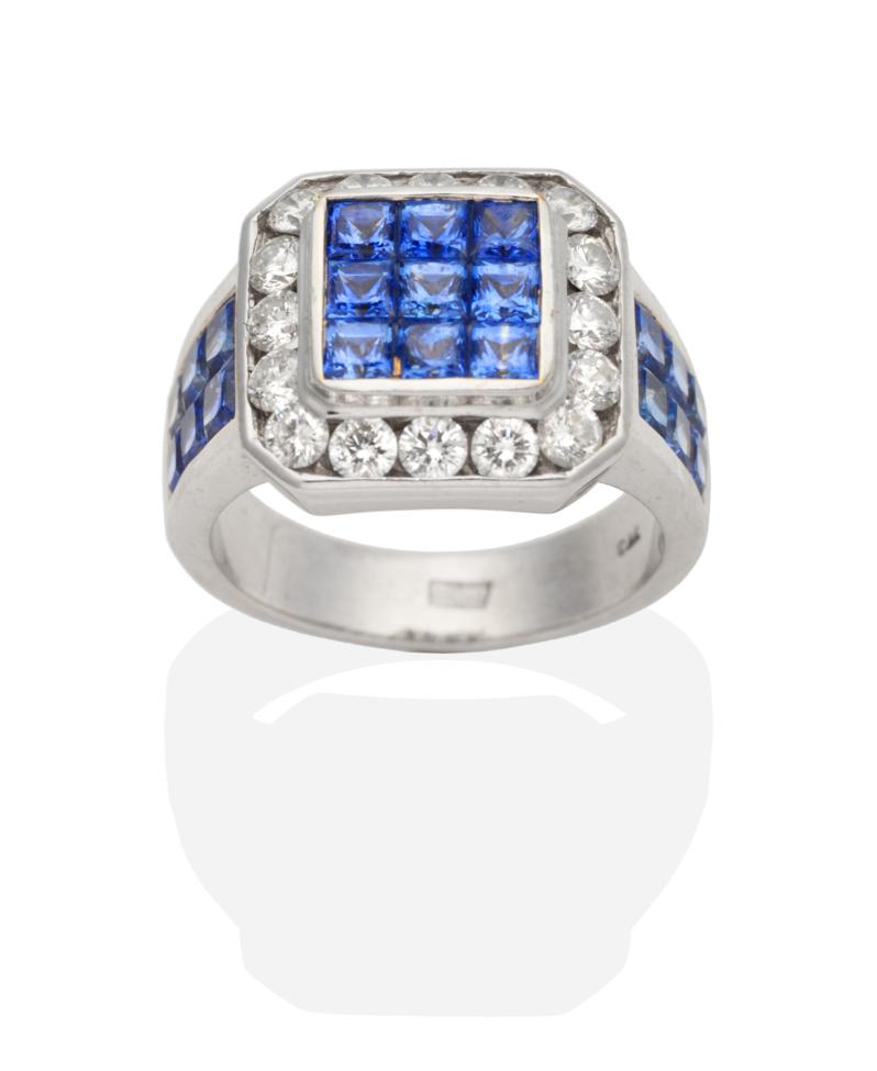 Lot 362 - A Sapphire and Diamond Ring, a square cluster of square cut sapphires in rubbed over settings to an