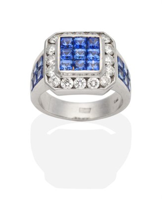 Lot 362 - A Sapphire and Diamond Ring, a square cluster of square cut sapphires in rubbed over settings to an