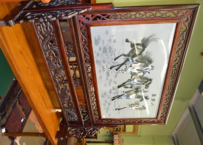 Lot 1323 - Large silkwork panel depicting horses within a carved fretwork frame