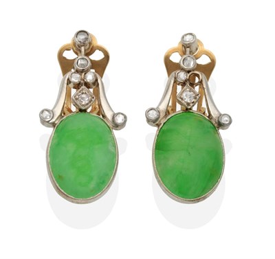 Lot 368 - A Pair of Art Deco Jade and Diamond Earrings, a scroll frame inset with rose cut diamonds...