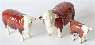 Lot 12 - Beswick Cattle: Hereford Bull, model No. 1363A; Hereford Cow, model No. 1360; Hereford Calf,...