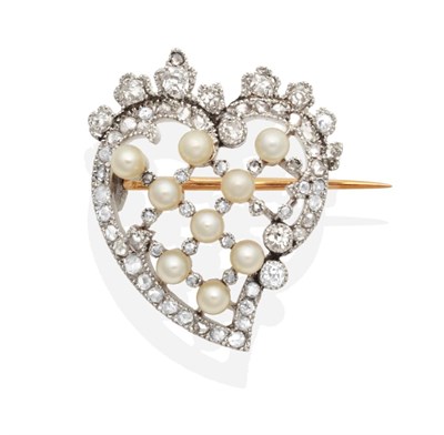 Lot 374 - A Diamond and Pearl Witches Heart Brooch, set throughout with old cut and rose cut diamonds in...