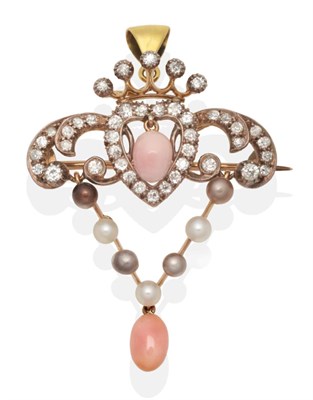 Lot 378 - A Diamond and Pearl Luckenbooth Brooch/Pendant, a crowned heart within a scroll frame and set...