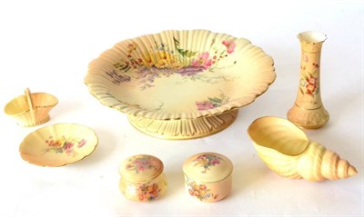 Lot 108 - Royal Worcester blush ivory painted with floral sprays comprising a pedestal dish, two small...