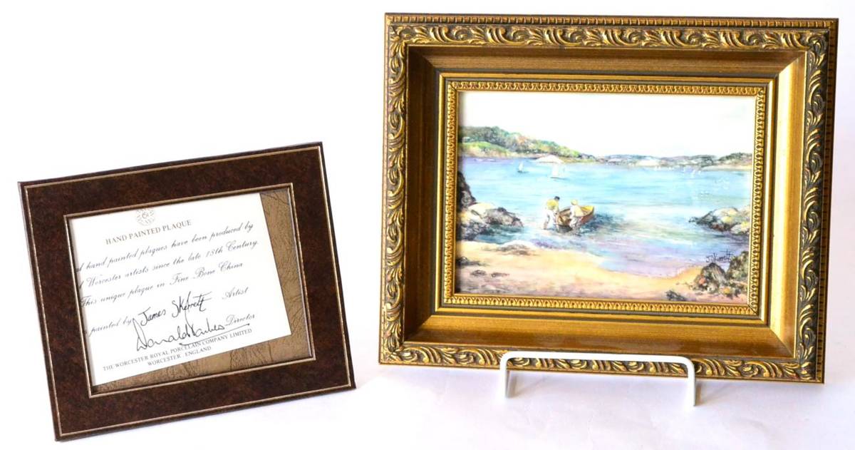 Lot 126 - Royal Worcester Plaque depicting a coastal scene with two figures hauling a boat in to a sandy...