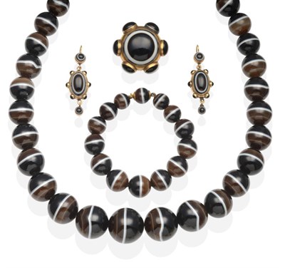 Lot 386 - A Victorian Banded Agate Suite, Comprising; a Necklace, Bracelet, Brooch and a Pair of...