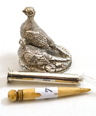 Lot 150 - Silver game birds, silver cased pipe tools and a bone lace tool