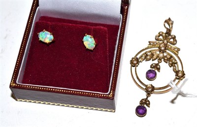 Lot 159 - An early 20th century seed pearl and amethyst pendant and a pair of 9ct gold opal stud earrings