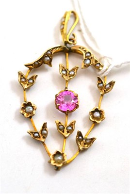 Lot 171 - An early 20th century seed pearl and pink stone pendant, with leaf motifs (a.f.)