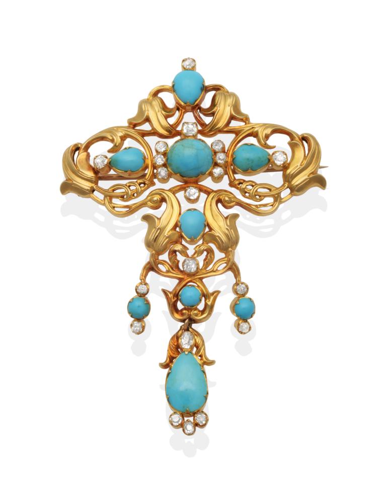 Lot 391 - Royal Interest, a Turquoise and Diamond Brooch, of sinuous foliate scrolls inset with turquoise and