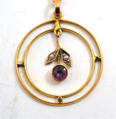 Lot 184 - An early 20th century seed pearl and amethyst pendant on chain