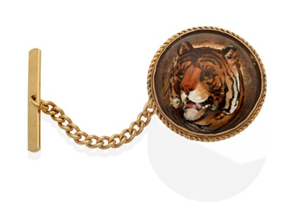 Lot 393 - An Essex Crystal Tie Pin, painted depicting the head of a tiger, in a rope frame, measures 2cm...