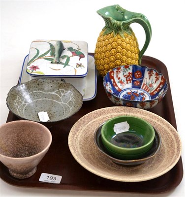 Lot 193 - Sardine dish, Minton Pineapple jug, Japanese Imari bowl and studio pottery