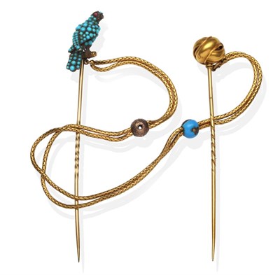 Lot 395 - A Turquoise and Gem Set Novelty Falconry Double Stick Pin, modelled as a bird of prey on a...