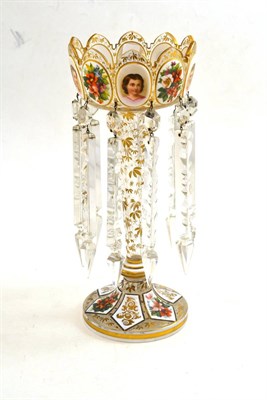 Lot 210 - 19th century opaque and clear glass lustre painted with portraits and garlands of flowers, with...