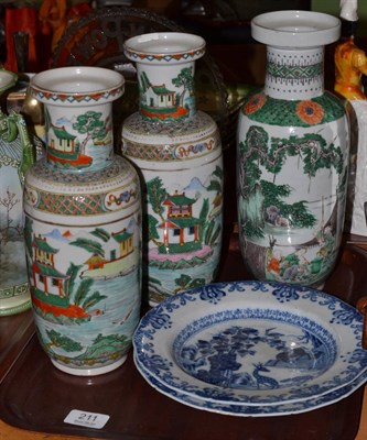 Lot 211 - Three 19th century Chinese famille rose vases and two 18th century Chinese blue and white plates