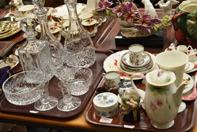 Lot 225 - A Maling tray, silver napkin ring, miniature tea set, glass decanters etc