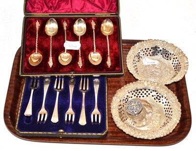 Lot 226 - A pair of silver pierced dishes, set of cased teaspoons, silver napkin ring, silver lidded...