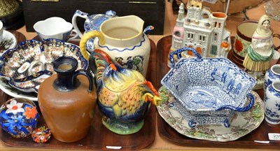 Lot 239 - Two trays of ceramics including Staffordshire flat back, Adam's bowl, rooster teapot, Doulton...