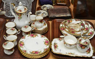 Lot 242 - A Royal Albert ";Old Country Roses"; coffee service, six side plates, a cake stand and a tray